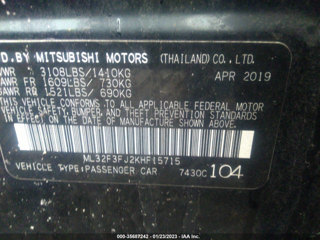 ML32F3FJ2KHF15715 Mitsubishi Mirage G4 Es/rf