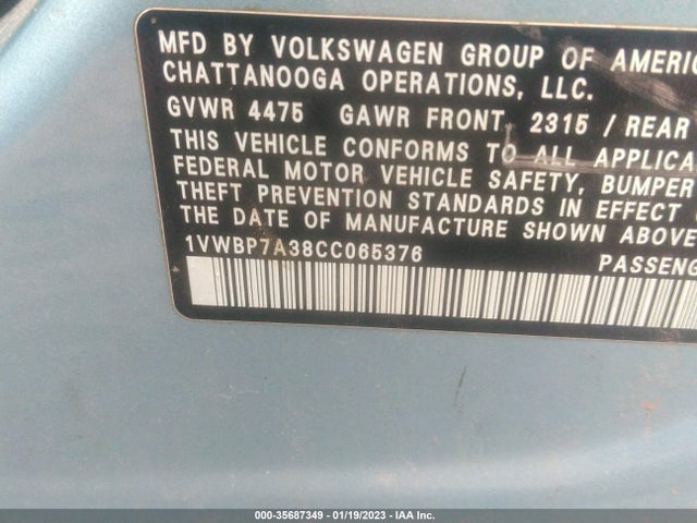 2012 VOLKSWAGEN PASSAT SE VIN: 1VWBP7A38CC065376