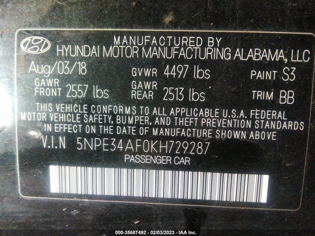 2019 Hyundai Sonata, VIN: 5NPE34AF0KH729287