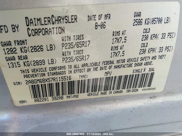 2A8GM68X57R115516 Chrysler Pacifica Touring