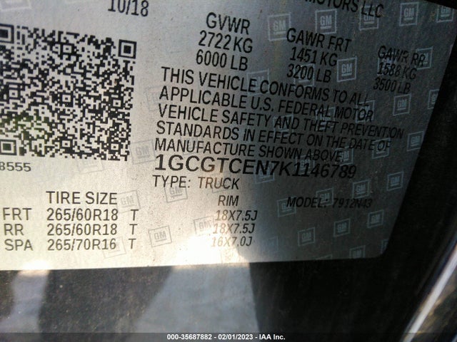2019 CHEVROLET COLORADO 4WD LT VIN: 1GCGTCEN7K1146789