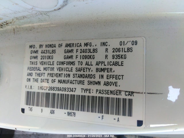 2009 HONDA ACCORD SDN EX-L VIN: 1HGCP26839A093347