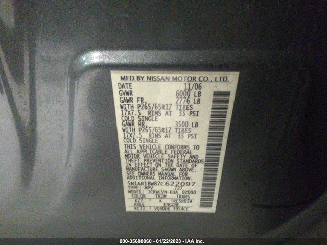2007 NISSAN PATHFINDER LE VIN: 5N1AR18W87C622097