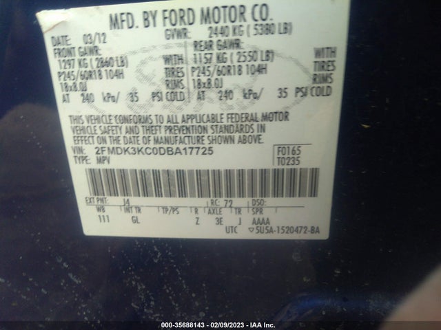2013 FORD EDGE LIMITED VIN: 2FMDK3KC0DBA17725