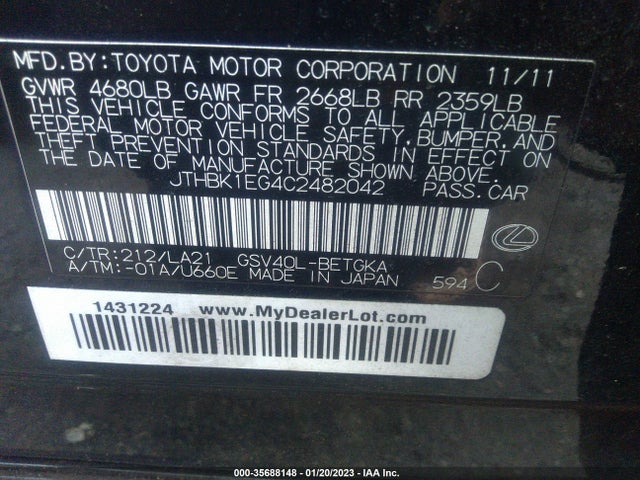 Lexus ES 2012 JTHBK1EG4C2482042 Image 9