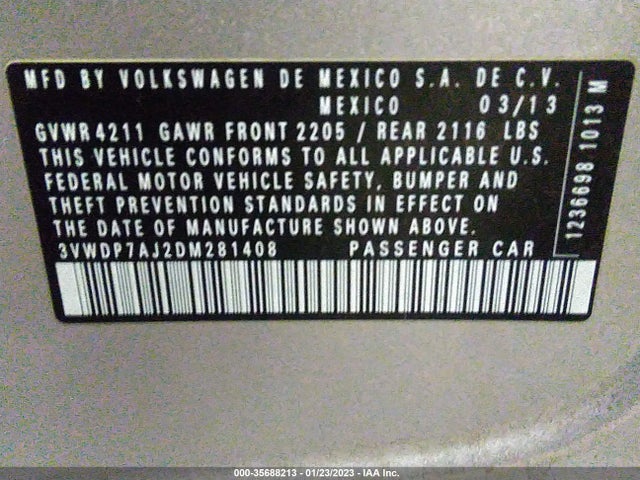 2013 VOLKSWAGEN JETTA SEDAN SE VIN: 3VWDP7AJ2DM281408
