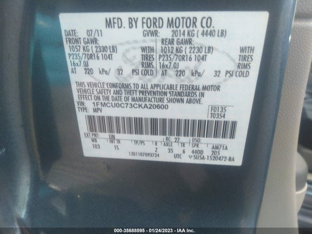 2012 FORD ESCAPE XLS VIN: 1FMCU0C73CKA20600