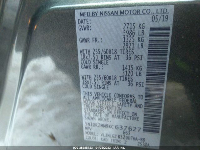 5N1DR2MM9KC637627 Nissan Pathfinder Sl
