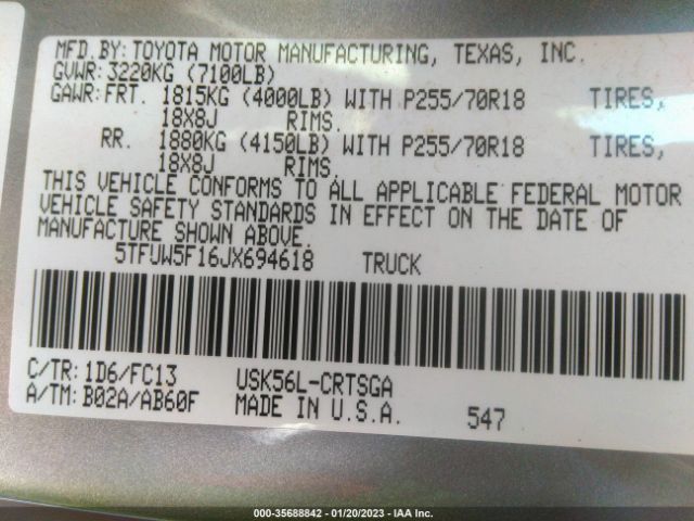 5TFUW5F16JX694618 Toyota Tundra 4wd Sr/sr5/limited