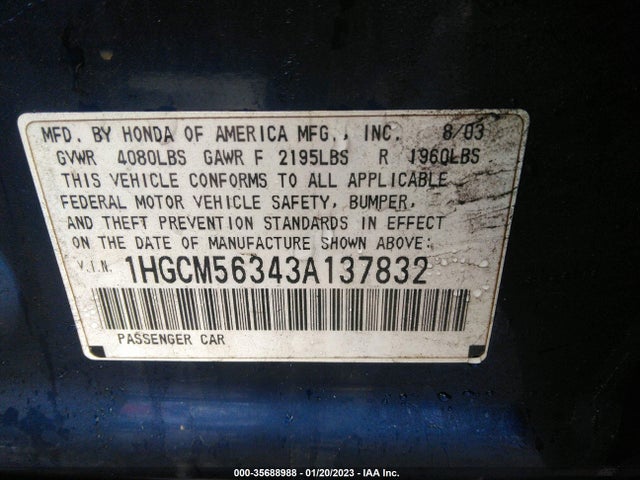 2003 HONDA ACCORD SDN LX VIN: 1HGCM56343A137832