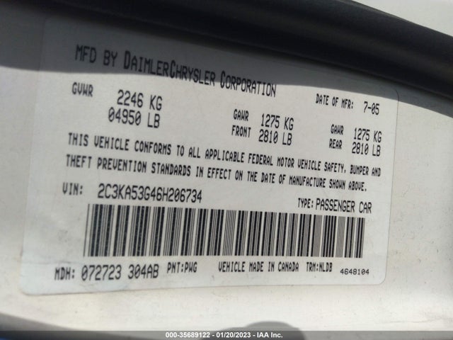 2006 CHRYSLER 300 TOURING VIN: 2C3KA53G46H206734
