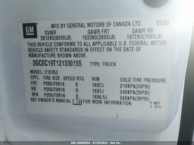 2002 CHEVROLET SILVERADO 1500 LS VIN: 2GCEC19T121330155
