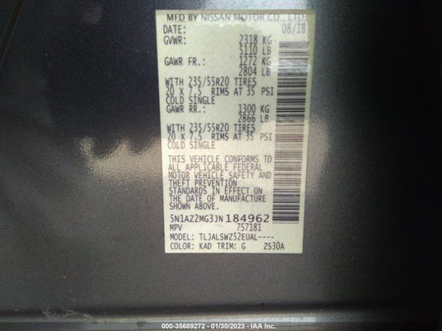 5N1AZ2MG3JN184962 Nissan Murano Platinum