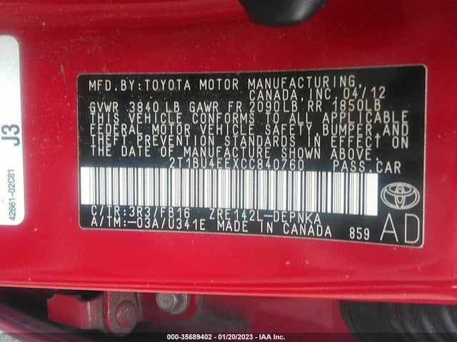 2012 TOYOTA COROLLA L/LE/S VIN: 2T1BU4EEXCC840760
