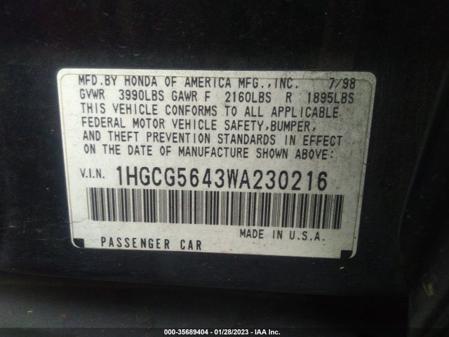 1998 HONDA ACCORD SDN LX VIN: 1HGCG5643WA230216