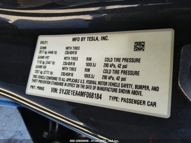 Tesla Model 3 Standard Range Plus 2021 5YJ3E1EA4MF068184 Image 9