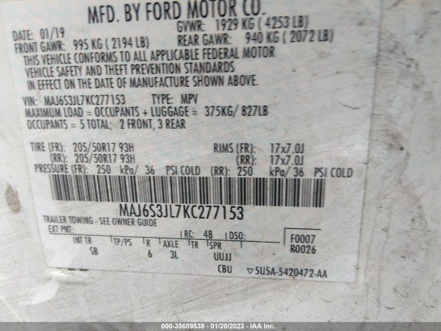 2019 Ford Ecosport, VIN: MAJ6S3JL7KC277153