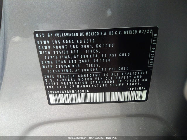 2022 Volkswagen Tiguan, VIN: 3VV8B7AX8NM143866