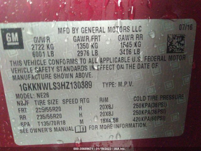 1GKKNWLS3HZ130389 GMC ACADIA SLT