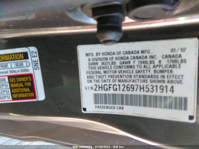 2007 HONDA CIVIC CPE LX VIN: 2HGFG12697H531914