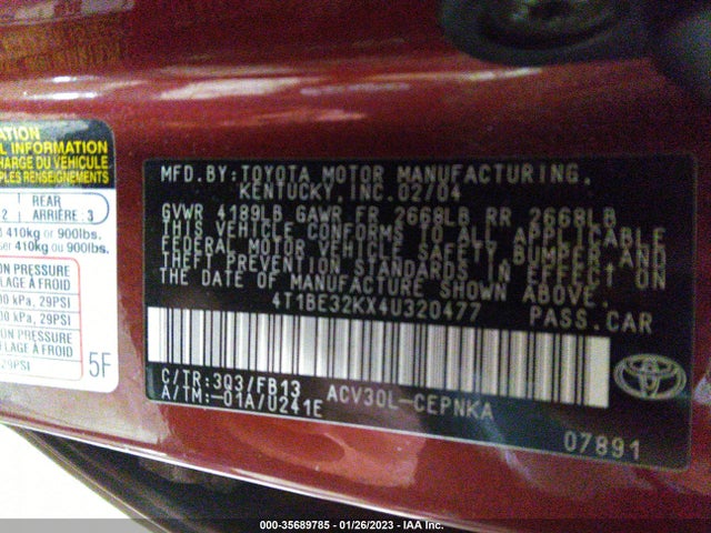 2004 TOYOTA CAMRY LE/SE/XLE/STD VIN: 4T1BE32KX4U320477