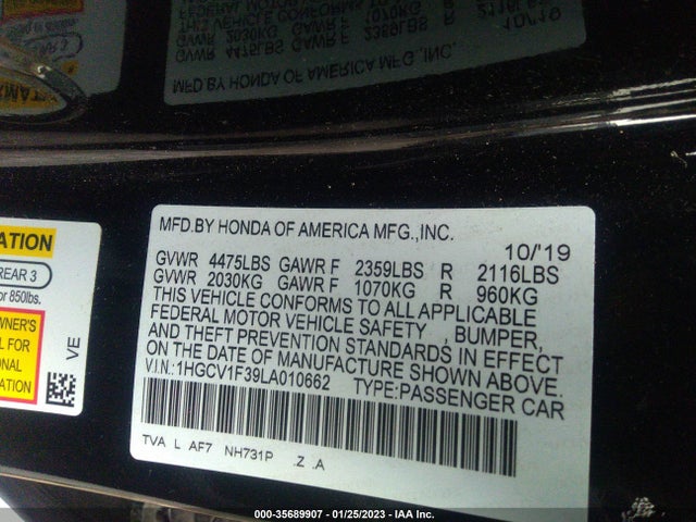 2020 HONDA ACCORD SEDAN SPORT VIN: 1HGCV1F39LA010662