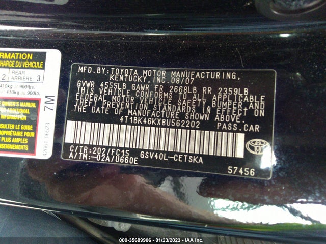 2008 TOYOTA CAMRY LE/SE/XLE VIN: 4T1BK46KX8U562202
