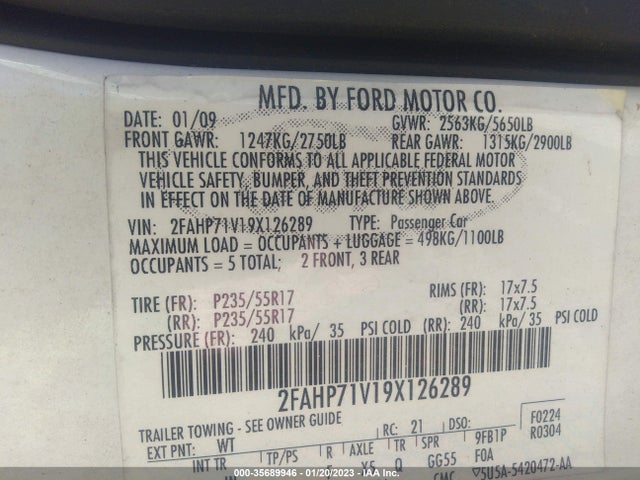 2009 FORD POLICE INTERCEPTOR VIN: 2FAHP71V19X126289