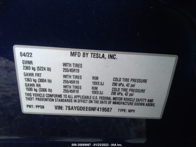 7SAYGDEE6NF419587 Tesla Model Y Long Range