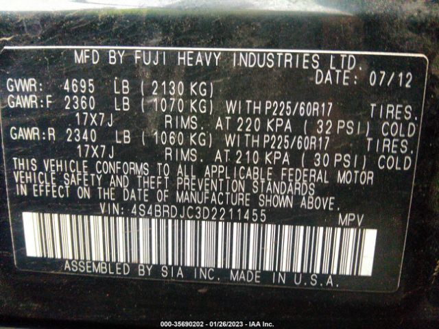 4S4BRDJC3D2211455 Subaru Outback 3.6r Limited