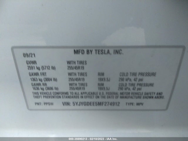 5YJYGDEE5MF274912 Tesla Model Y Long Range