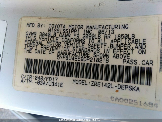 2013 TOYOTA COROLLA L/LE/S VIN: 5YFBU4EE9DP218216