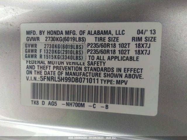 2013 HONDA ODYSSEY TOURING VIN: 5FNRL5H99DB071011