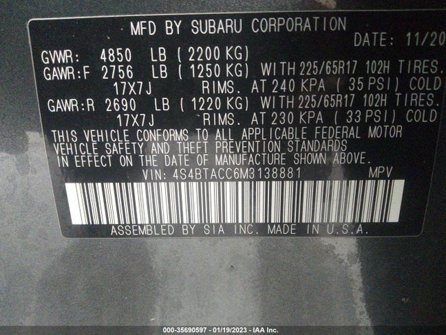 2021 SUBARU OUTBACK PREMIUM VIN: 4S4BTACC6M3138881