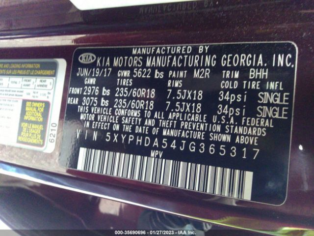 5XYPHDA54JG365317 KIA Sorento Ex V6