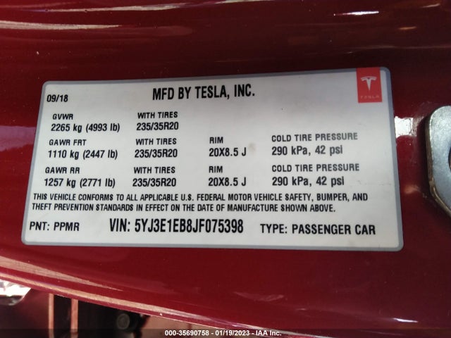 Tesla Model 3 Long Range 2018 5YJ3E1EB8JF075398 Image 10