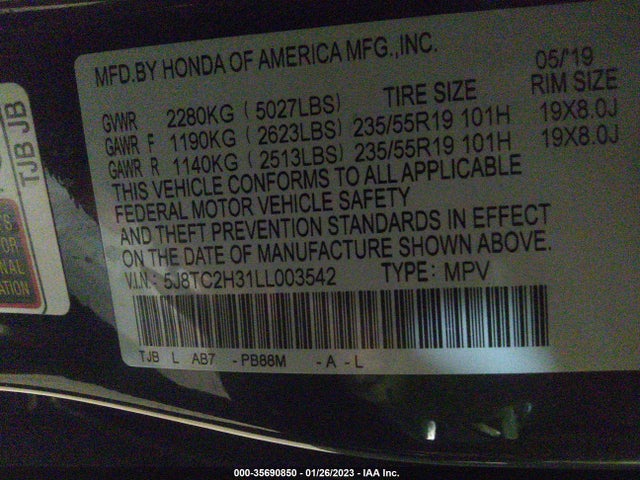 2020 ACURA RDX VIN: 5J8TC2H31LL003542
