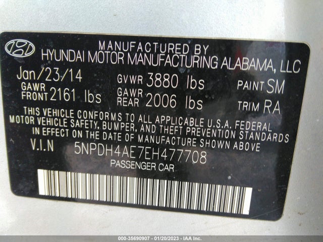 2014 HYUNDAI ELANTRA SE VIN: 5NPDH4AE7EH477708