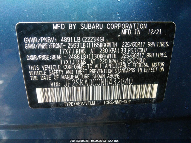 2022 SUBARU FORESTER PREMIUM VIN: JF2SKADC0NH432840