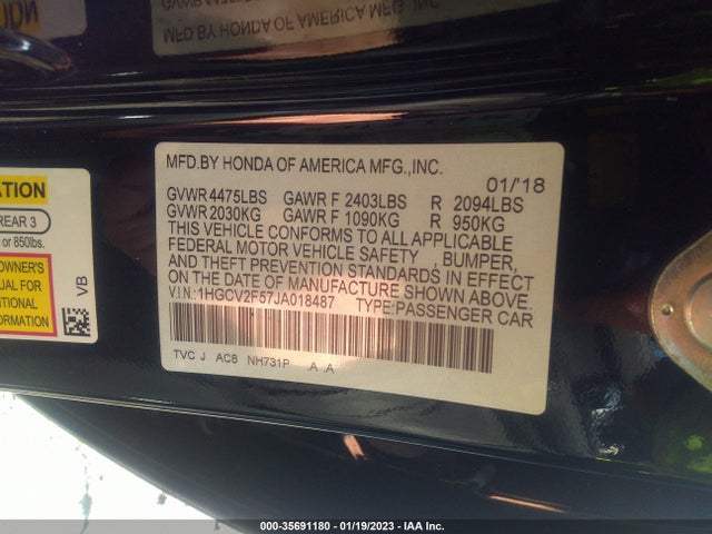 2018 HONDA ACCORD SEDAN EX-L 2.0T VIN: 1HGCV2F57JA018487