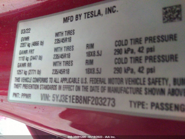 Tesla MODEL 3 2022 5YJ3E1EB8NF203273 Image 10