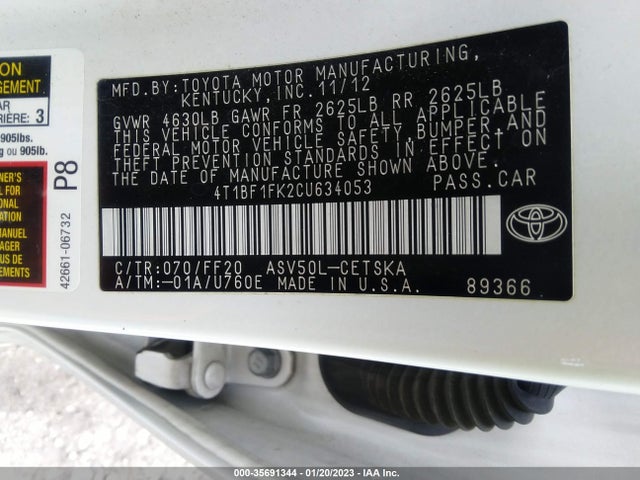2012 TOYOTA CAMRY L/LE/SE/XLE VIN: 4T1BF1FK2CU634053