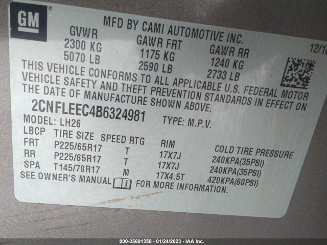 2011 CHEVROLET EQUINOX LT W/1LT VIN: 2CNFLEEC4B6324981