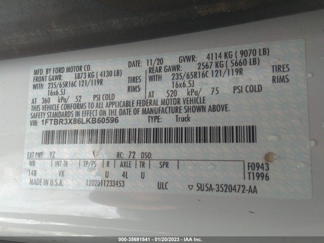 2020 Ford Transit, VIN: 1FTBR3X86LKB60596