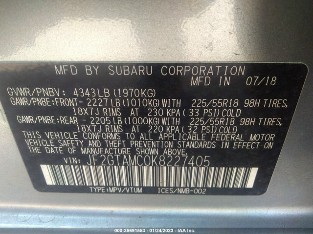 2019 SUBARU CROSSTREK LIMITED VIN: JF2GTAMC0K8227405