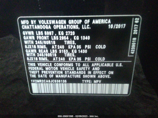 2018 Volkswagen Atlas, VIN: 1V2MR2CA8JC536135