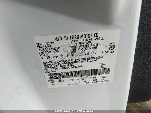 2012 FORD F-150 XL/STX/XLT VIN: 1FTEX1CM9CFA92166