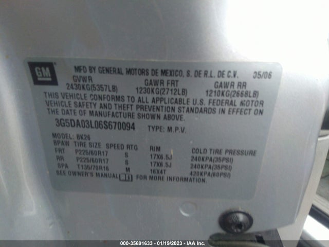 2006 BUICK RENDEZVOUS VIN: 3G5DA03L06S670094