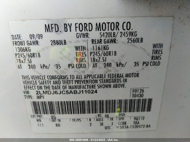 2010 LINCOLN MKX VIN: 2LMDJ6JC5ABJ11024