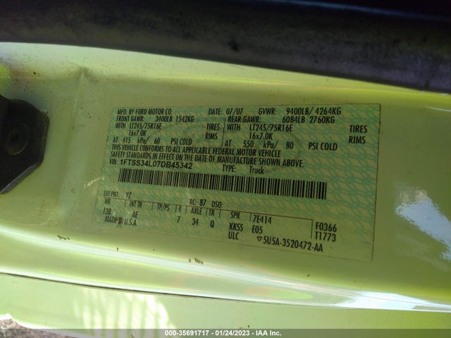 2007 FORD ECONOLINE CARGO VAN RECREATIONAL VIN: 1FTSS34L07DB45342